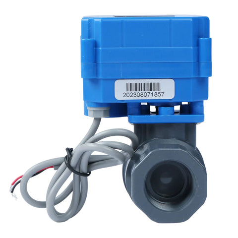 Front view of 3/4" UPVC motorized ball valve, full port, with two-wire auto return, for water systems and irrigation