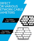 Black and grey inserts from Cable Comb Organizer Kit, fits cables 0.180 to 0.310 inches for home office and data center.