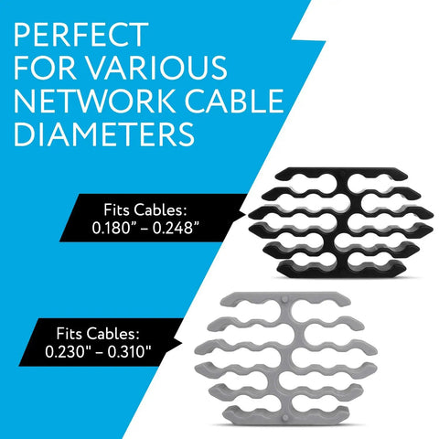 Black and grey inserts from Cable Comb Organizer Kit, fits cables 0.180 to 0.310 inches for home office and data center.