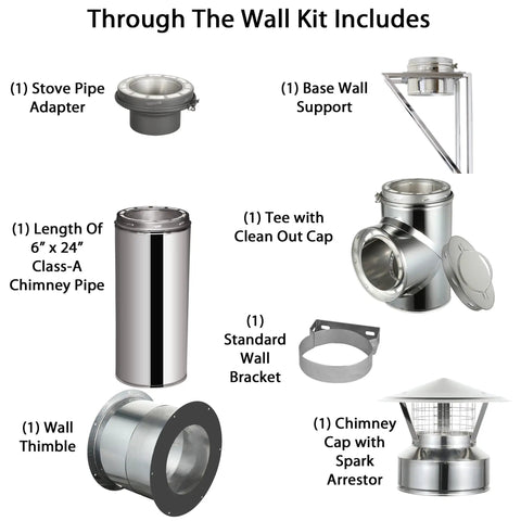 Heavy Duty Eight Inch Class A Double Wall Through Wall Kit Featuring Spark Guard Chimney Cap And Rock Solid Standard Bracket includes various fittings.
