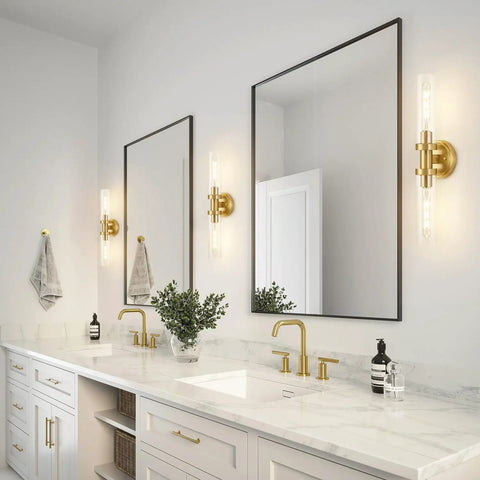 Brushed Gold Bathroom Vanity Light Fixture 2 Light Dope Modern Wall Sconce With Clear Glass Tubes on bathroom wall above vanity.