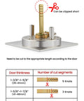 Diagram showing internal construction of Brushed Nickel Pocket Door Lock Set for customizable door thickness and latch cutting guide.