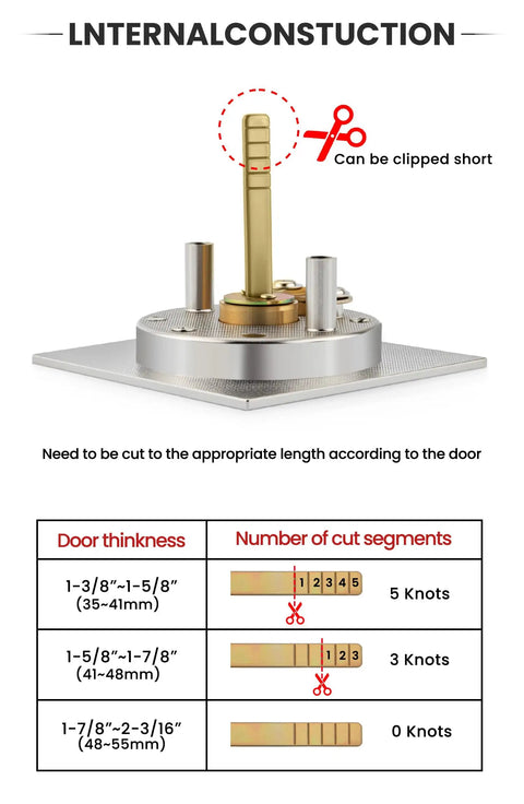 Diagram showing internal construction of Brushed Nickel Pocket Door Lock Set for customizable door thickness and latch cutting guide.
