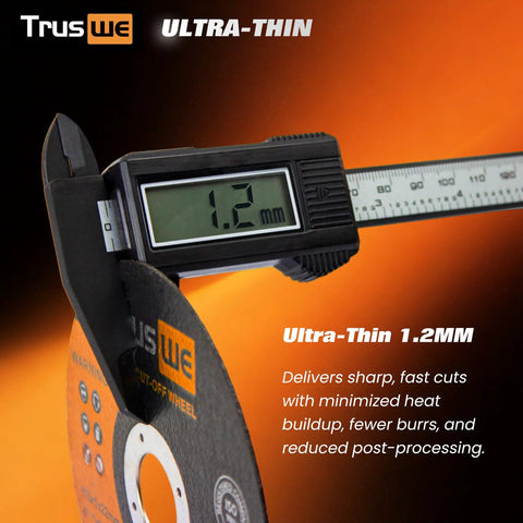 Truswe Ultra-Thin Cut-Off Wheels, 52-pack, 4-1/2 in, 1.2 mm thickness for metal/stainless, shown with caliper