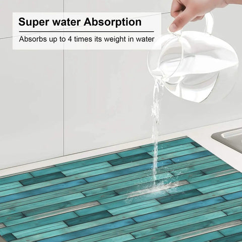 Cyan Wood Grain Dish Drying Mat for Kitchen Counter with Ultra Absorbent Microfiber Surface getting water poured to show absorption.