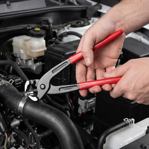 VICASKY Premium Stainless Steel Hose Clamp Crimping Tool Kit With 160 Nonstep Single Ear Clamps For Rust Proof Auto And Home Repairs In Handy Organized Case, red-handled pliers on car hose clamp