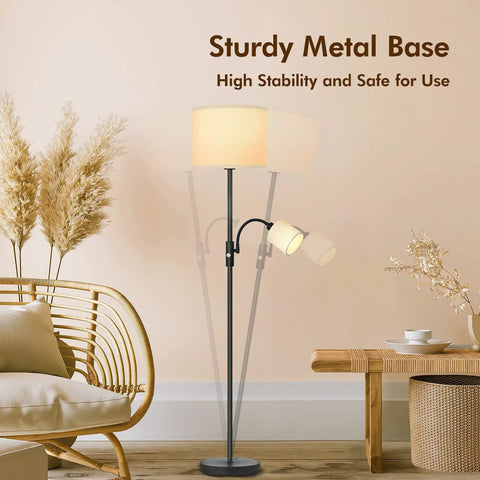 Cozy Living Room Floor Lamp With Linen Shade Tall Reading Light Black Matte Pole Lamp With 12W LED Bulb 3 Way Rotary Switch Modern Corner Lamp For Bedroom Or Study White Finish in a living room setting with sturdy base and soft glow