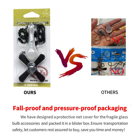 Comparison of packaged Beaded Ball Ceiling Fan Pull Chain Set, 12 Inch Replacement Chains, with secure and unsecured packaging