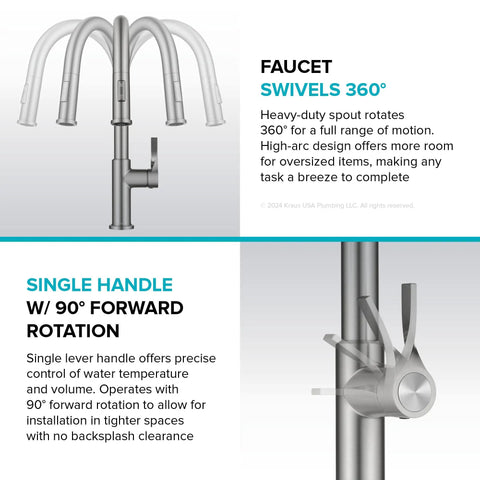 Spot Resistant Brushed Brass Pull Down Kitchen Faucet Featuring A Sleek High Arc Spout Slick Twisted Handle And Smooth Operation. Faucet with 360° swivel spout.