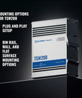Mounting options for TSW200 Ethernet switch with DIN rail, wall, and flat surface setup, plug and play features.
