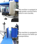 Close-up of Ready To Go Automatic Desktop Conveyor Round Bottle Labeler motor and blue conveyor belt for efficient labeling.