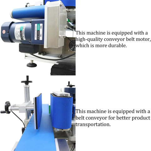 Close-up of Ready To Go Automatic Desktop Conveyor Round Bottle Labeler motor and blue conveyor belt for efficient labeling.