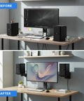 Before and after desk setup with Universal Side Clamping Speaker Wall Mounts Pair For Large Or Small Bookshelf Speakers With Full Motion Adjustability Beefy Brackets Supporting Up To 55 Lbs Ideal For Home Theater And Studio Monitors Black