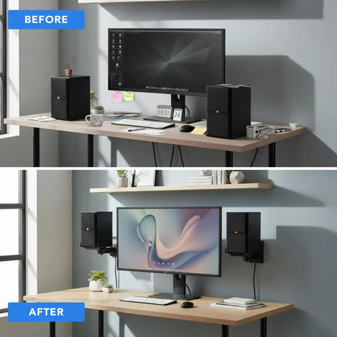 Before and after desk setup with Universal Side Clamping Speaker Wall Mounts Pair For Large Or Small Bookshelf Speakers With Full Motion Adjustability Beefy Brackets Supporting Up To 55 Lbs Ideal For Home Theater And Studio Monitors Black