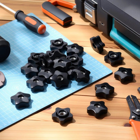 Black Plastic Head Through Knob Set With Brass Insert 3/8-16 Female Thread Star Nut Style Clamping Knobs 30 Pcs For Heavy Duty Fastening Easy DIY Assembly And Secure Bolt Clamps on workbench