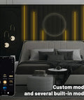 WiFi LED Strip Lights for Wood Slat Wall Panels, 3000K dimmable, in living room setup, app control on smartphone display