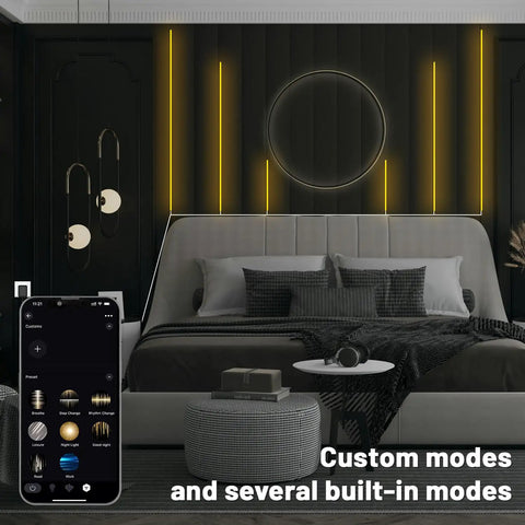 WiFi LED Strip Lights for Wood Slat Wall Panels, 3000K dimmable, in living room setup, app control on smartphone display