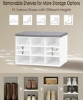 Cushioned Shoe Storage Bench With 9 Cubbies And Adjustable Shelves, A Must-Have Entryway Organizer For Mudroom Hallway Closet Or Garage, Keeps Shoes Neat And Easy To Grab, White, displaying removable shelves for various shoe heights, front view.