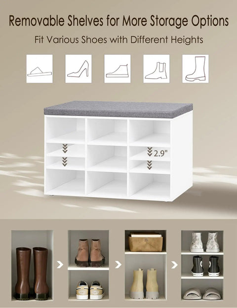 Cushioned Shoe Storage Bench With 9 Cubbies And Adjustable Shelves, A Must-Have Entryway Organizer For Mudroom Hallway Closet Or Garage, Keeps Shoes Neat And Easy To Grab, White, displaying removable shelves for various shoe heights, front view.
