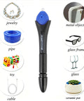 Badass Multi Surface Uv Curing Glue Pen That Gives You Instant Five Second Heavy Duty Bonding For Plastic Metal Wood Glass Leather Car Chips And Home Repairs With Zero Sweat displayed with various items like jewelry and toys.