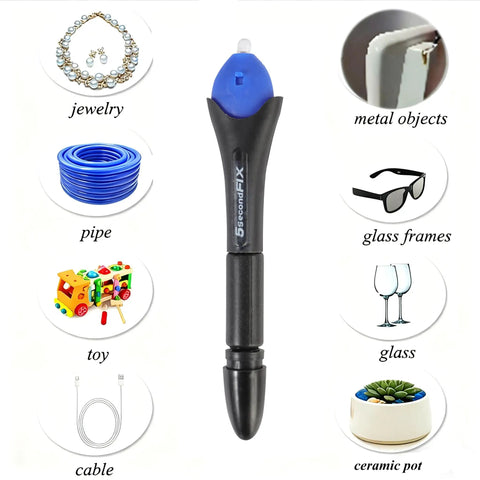 Badass Multi Surface Uv Curing Glue Pen That Gives You Instant Five Second Heavy Duty Bonding For Plastic Metal Wood Glass Leather Car Chips And Home Repairs With Zero Sweat displayed with various items like jewelry and toys.