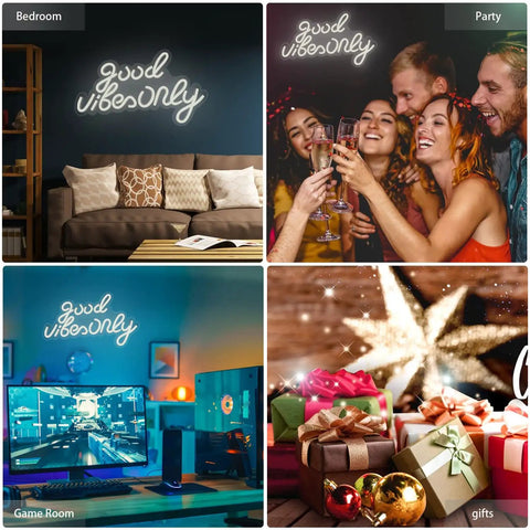 Good Vibes Only Neon Sign For Wall Decor Led Neon Light Brings Party Vibes To Your Living Room Bedroom Bar Game Room Restaurant Or Hotel White 16.5 By 10 Inches Easy Mount And Energy Efficient LED For Everyday Use And Party Ready Vibe displayed in various rooms