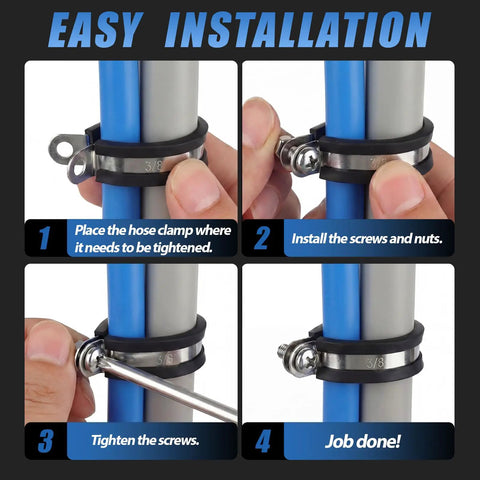 Installation guide for Fifty Pack Three Eighths Inch Stainless Steel Cable Clamps With Rubber Coated Cushioned Holders on pipes.