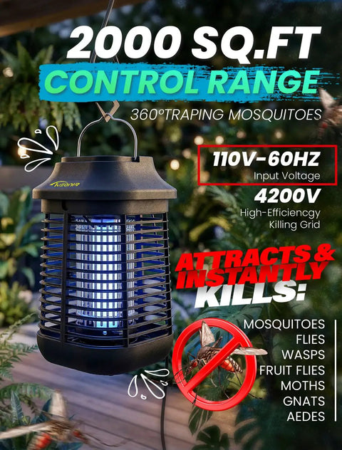 High Powered 4200V Bug Zapper for Outdoor and Indoor Use With 9.84 Ft Power Cord And Easy Switch Backyard Ready Waterproof Mosquito Killer Lamp Gen 3 Electronic Insect Zapper Light Bulb hanging outdoors with UV light glow, surrounded by plants.