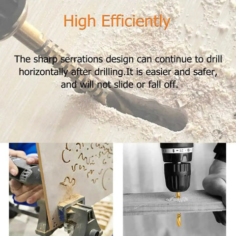 8 Piece Titanium Coated HSS Twist Drill Bit Set Featuring Serrated Side Cutting Edge drilling through wood, showcasing efficiency and design.