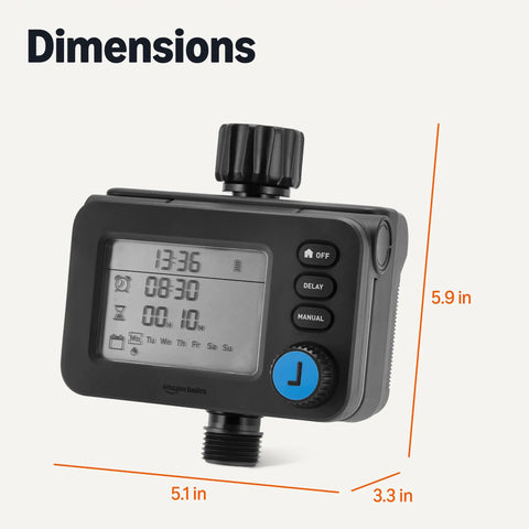 Single Outlet Hose Watering Timer Digital Programmable Controller with display and buttons, dimensions marked.
