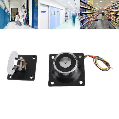 Heavy Duty 12V-24V Electromagnetic Door Holder With Super Strong Suction For Wooden OrIron Fire Doors, chrome and black design shown.