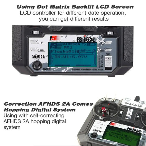 FS-i6X 10CH 2.4GHz RC Transmitter Remote Controller With FS-X6B Receiver showing LCD screen details and AFHDS 2A features.