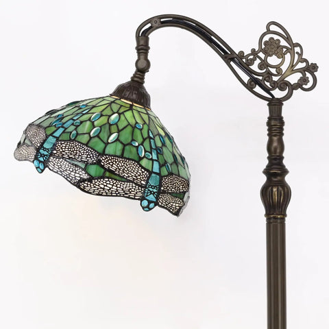 Stained Glass Tiffany Floor Lamp With Arched Gooseneck Adjustable Angle Reading Light In Green Dragonfly Glass Bronze Base 12 Inch Shade