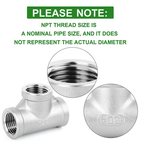 304 Stainless Steel Tee Pipe Fittings 2 Inch By 2 Inch By 2 Inch NPT Female Connector Close-Up and Side View
