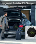 Hassle Free Level One EV Charger Built Tough For Weekend Drives Featuring A Twenty Five Foot Heavy Duty Cable Plus Smart Overload Protection For Easy Garage Juice Top Ups That Keep Your Daily Whip Running Smooth Without Any Sweat On Long Road Trips, upgraded portable charger with carrying bag in car trunk.