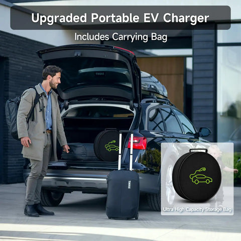 Hassle Free Level One EV Charger Built Tough For Weekend Drives Featuring A Twenty Five Foot Heavy Duty Cable Plus Smart Overload Protection For Easy Garage Juice Top Ups That Keep Your Daily Whip Running Smooth Without Any Sweat On Long Road Trips, upgraded portable charger with carrying bag in car trunk.