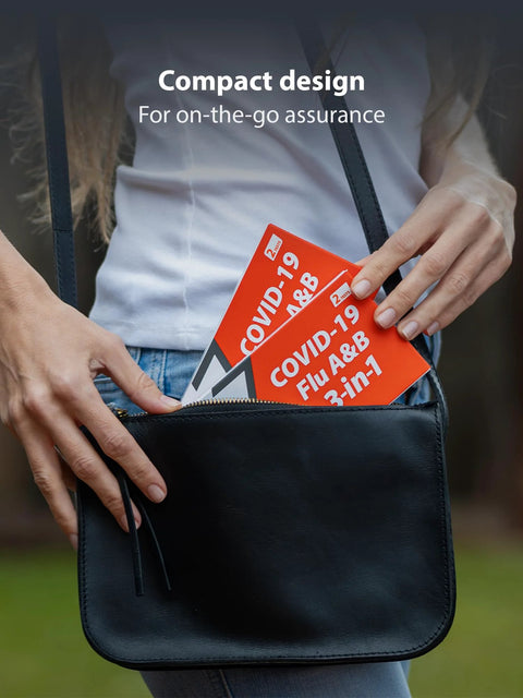 Person placing 3 In 1 Rapid Antigen Test For Covid And Flu A And B At Home OTC Kit in handbag, emphasizing portability.