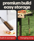 2 In 1 Pizza Oven Brush And Scraper For Quick Stone Cleaning With Stainless Steel Head showing built-in scraper and hanging loop