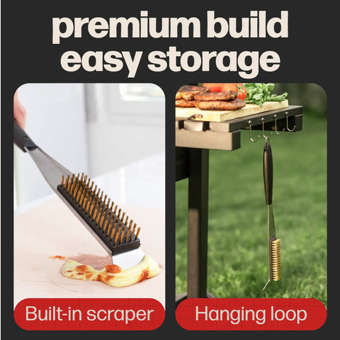 2 In 1 Pizza Oven Brush And Scraper For Quick Stone Cleaning With Stainless Steel Head showing built-in scraper and hanging loop