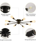 8 Light Matte Black Semi Flush Mount Ceiling Fixture With Dope Vintage Industrial Farmhouse Vibe for various rooms