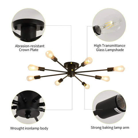 8 Light Matte Black Semi Flush Mount Ceiling Fixture With Dope Vintage Industrial Farmhouse Vibe for various rooms