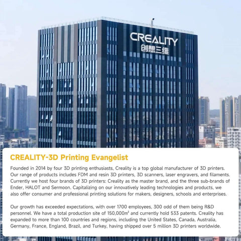 Creality headquarters building exterior with logos and text about 3D printing evangelist and company achievements.
