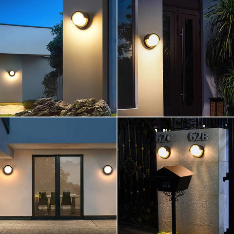 Four views of Round Outdoor Sconce Lights Low Profile Porch Lighting Modern Wall Fixtures 12W 3200K Warm White in patio areas.