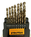STROTON metric M42 cobalt twist drill bit set, 19 pcs, 1–10 mm, for stainless steel and hard metal in black holder.
