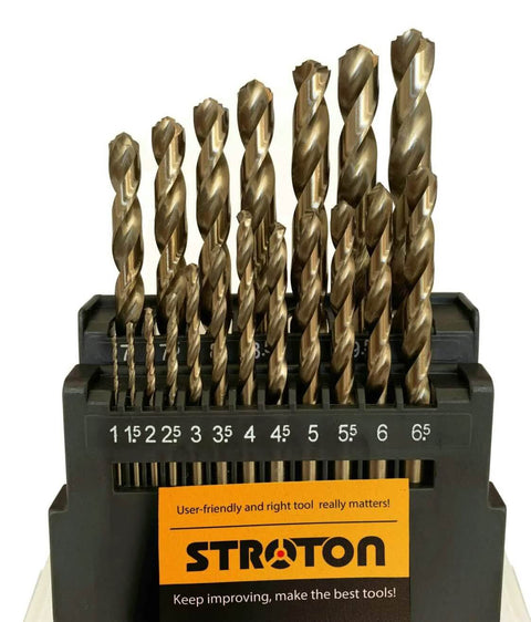 STROTON metric M42 cobalt twist drill bit set, 19 pcs, 1–10 mm, for stainless steel and hard metal in black holder.