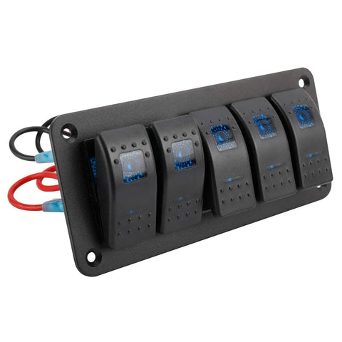 5-gang 12-24V LED Backlit Rocker Switch Panel Kit with Aluminum Dash Mount, prewired for boats, cars, UTVs, RVs, IP65 On Off