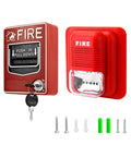 Wired Emergency Sound And Light Fire Alarm Station With 12 And 24V DC Power Strobe Siren Horn Dual Action Manual Call Point Panic Button And Key Lock Includes Two Keys Designed For Traditional Fire Alarm Systems, showing pull station and strobe with screws