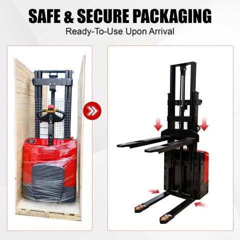 Heavy Duty Electric Pallet Stacker With 3300 Pound Capacity And 118 Inch Lift Height in secure packaging for safe delivery.