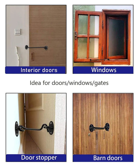14 Inch Privacy Hook And Eye Barn Door Lock Set In Stainless Steel With Black Powder Coat on various door and window types
