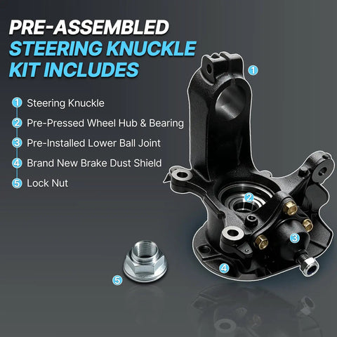 Pre-assembled steering knuckle kit including wheel hub, bearing, lower ball joint, and dust shield for Ram ProMaster 1500 2500 3500 Electric.